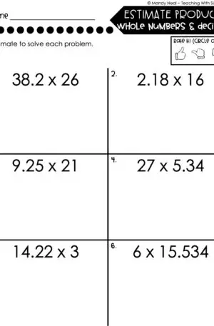 5th Grade Decimals – Estimate Products - Whole Numbers and Decimals Worksheet 2