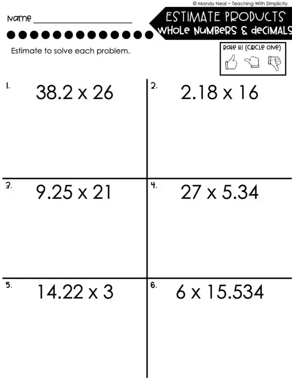 5th Grade Decimals – Estimate Products - Whole Numbers and Decimals Worksheet 2