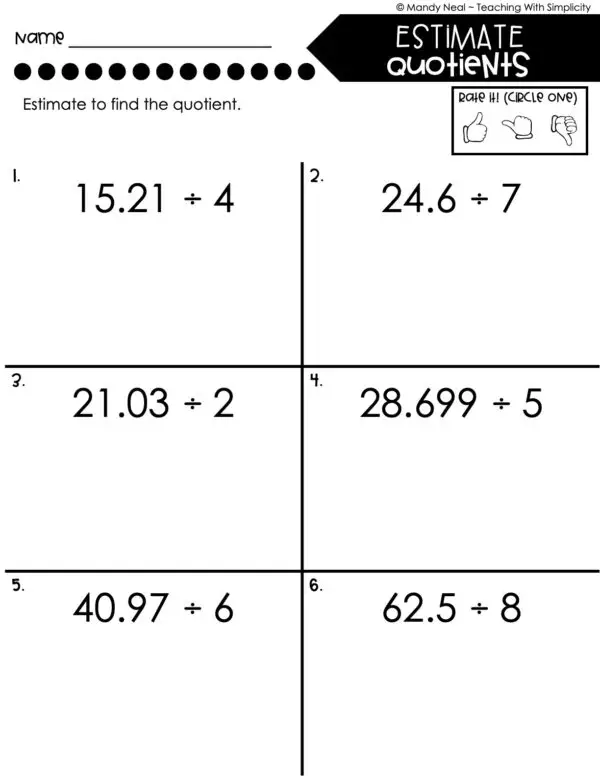 5th Grade Decimals – Estimate Quotients Worksheet 2