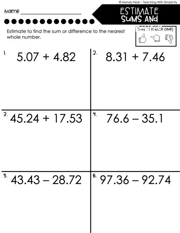 5th Grade Decimals – Estimate Sums and Differences Worksheet 2