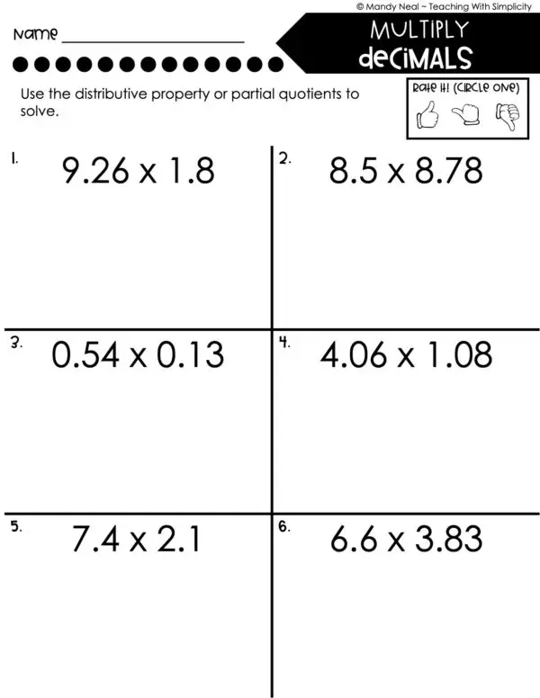 5th Grade Decimals – Multiply Decimals Worksheet 1