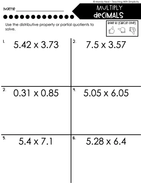 5th Grade Decimals – Multiply Decimals Worksheet 2