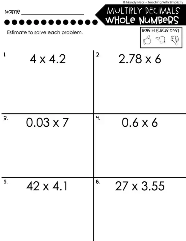 5th Grade Decimals – Multiply Decimals and Whole Numbers Worksheet 2