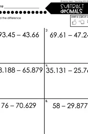 5th Grade Decimals – Subtract Decimals Worksheet 1