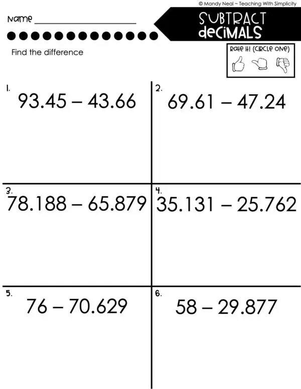 5th Grade Decimals – Subtract Decimals Worksheet 1