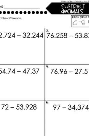 5th Grade Decimals – Subtract Decimals Worksheet 2