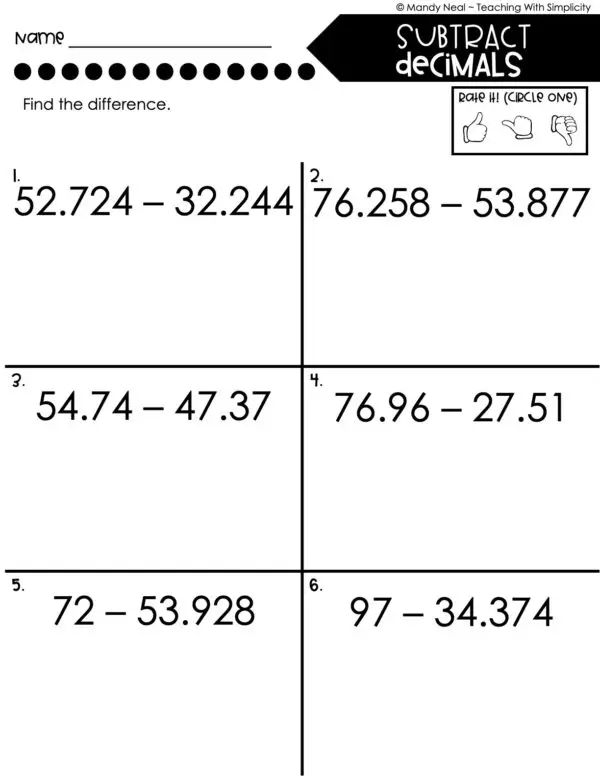 5th Grade Decimals – Subtract Decimals Worksheet 2