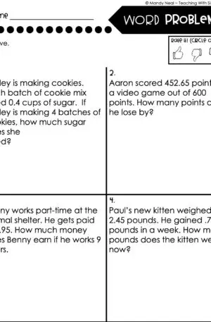 5th Grade Decimals – Word Problems Worksheet 1