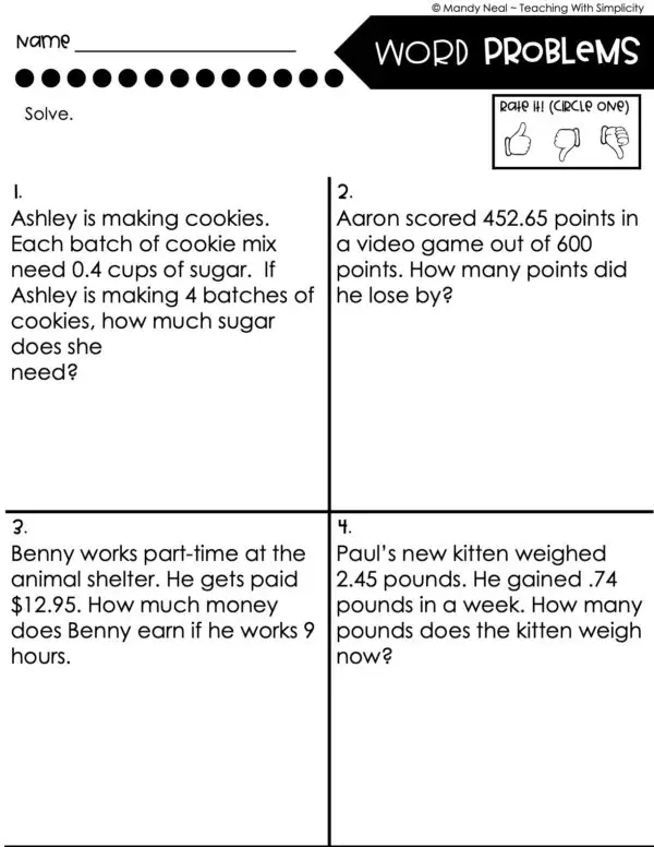 5th Grade Decimals – Word Problems Worksheet 1