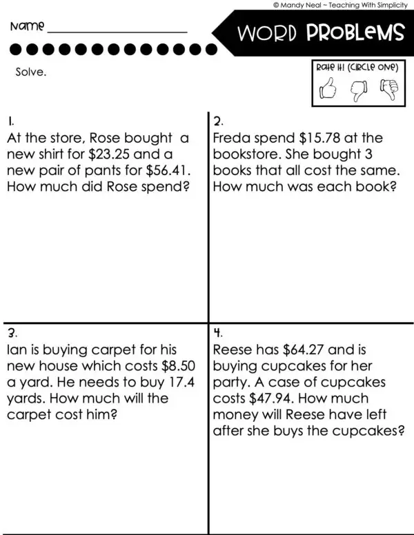 5th Grade Decimals – Word Problems Worksheet 2