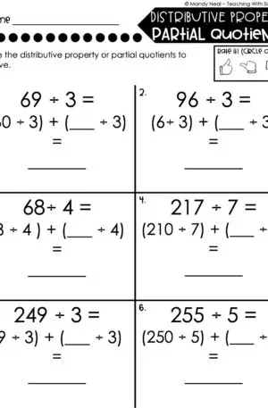 5th Grade Division – Distributive Property - Partial Quotients - Worksheet 2