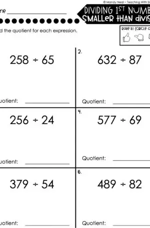 5th Grade Division – Dividing 1st Number Smaller than Divisor Worksheet 1