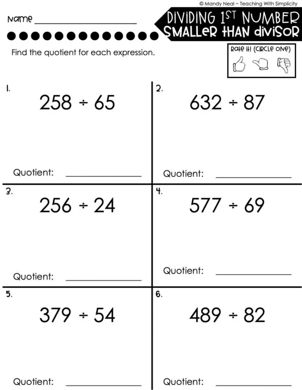 5th Grade Division – Dividing 1st Number Smaller than Divisor Worksheet 1