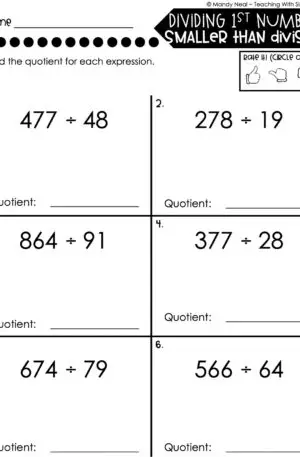 5th Grade Division – Dividing 1st Number Smaller than Divisor Worksheet 2