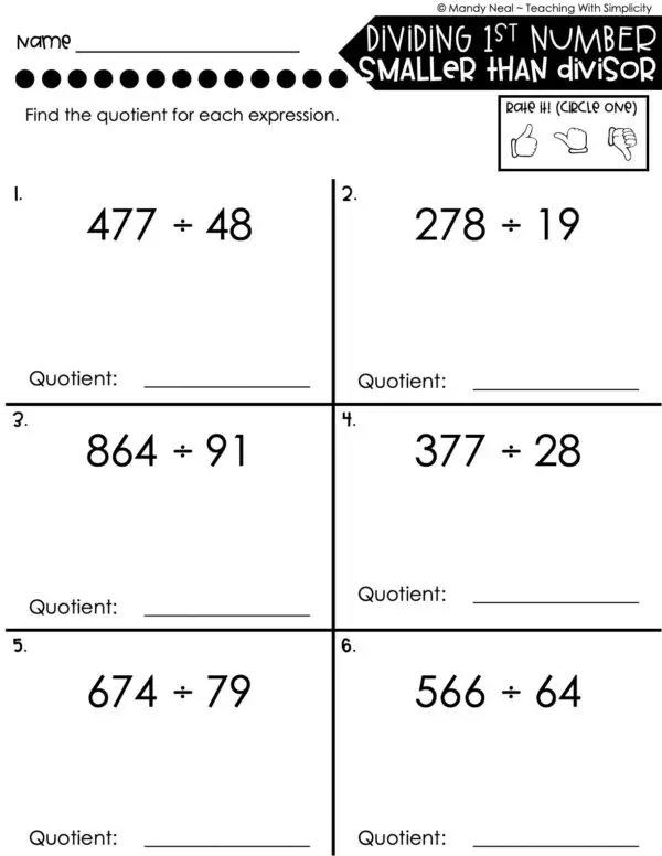 5th Grade Division – Dividing 1st Number Smaller than Divisor Worksheet 2