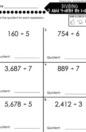 5th Grade Division – Dividing 3-Digit and 4-Digit by 1-Digit Numbers Worksheet 1