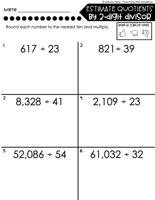 5th Grade Division – Estimate Quotients by 2-Digit Divisor Worksheet 1