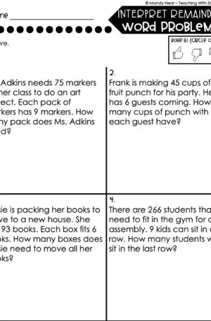 5th Grade Division – Interpret Remainders - Word Problems Worksheet 1