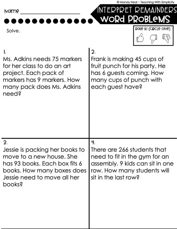 5th Grade Division – Interpret Remainders - Word Problems Worksheet 1