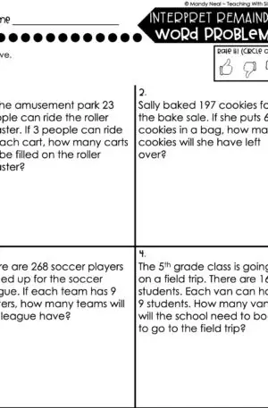 5th Grade Division – Interpret Remainders - Word Problems Worksheet 2