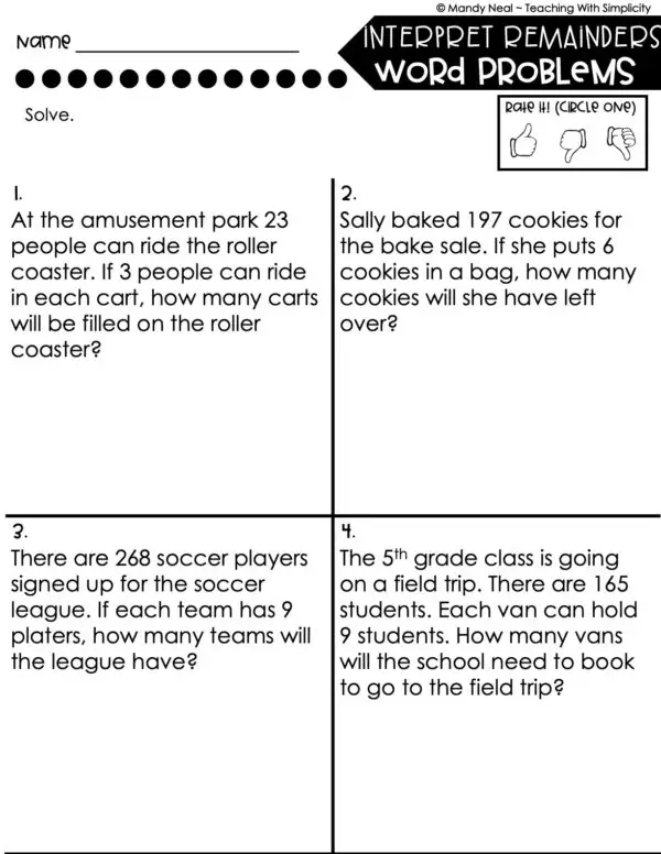 5th Grade Division – Interpret Remainders - Word Problems Worksheet 2