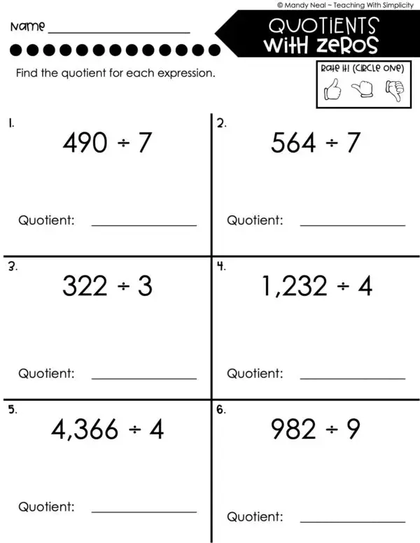 5th Grade Division – Quotients with Zeros Worksheet 1