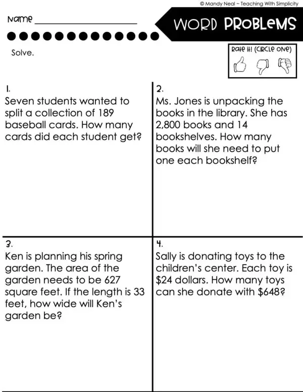 5th Grade Division – Word Problems Worksheet 1