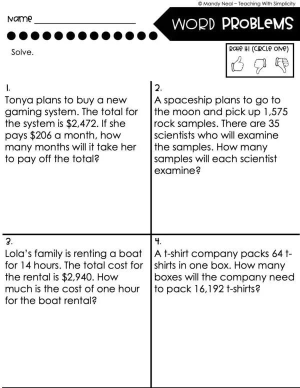 5th Grade Division – Word Problems Worksheet 2