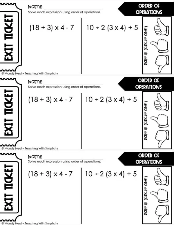 5th Grade Expressions and Patterns - Order of Operations Exit Ticket 1