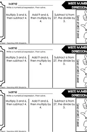 5th Grade Expressions and Patterns - Write Numerical Expressions Exit Ticket 1