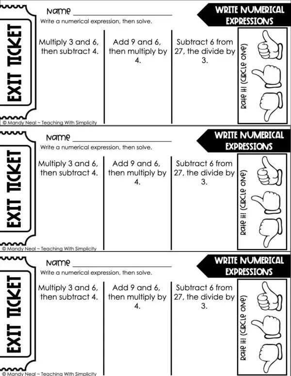 5th Grade Expressions and Patterns - Write Numerical Expressions Exit Ticket 1