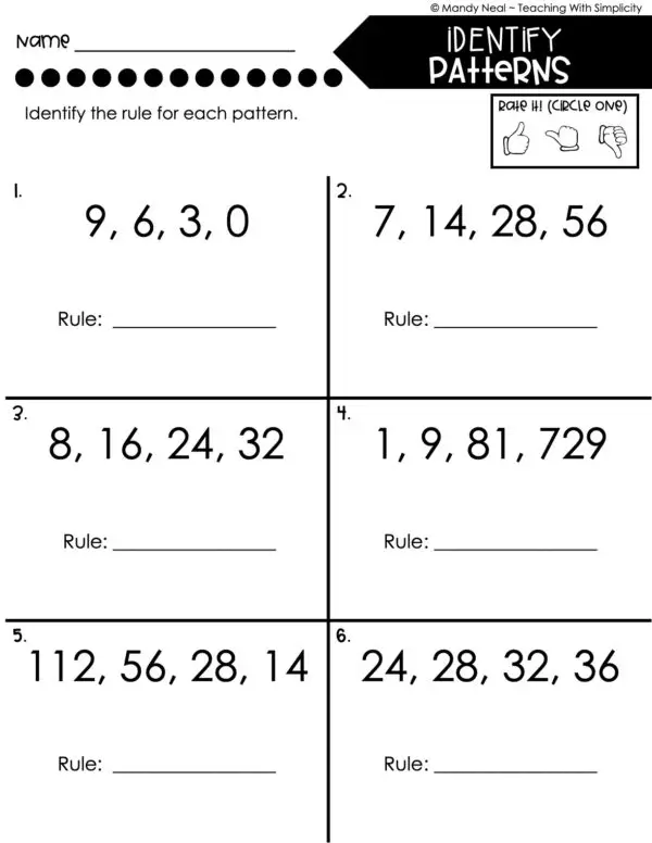 5th Grade Expressions and Patterns – Identify Patterns Worksheet 1