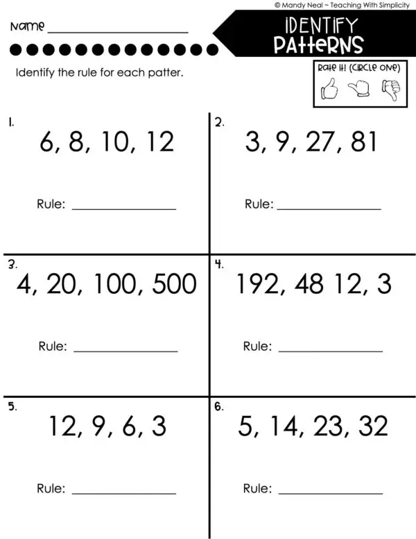 5th Grade Expressions and Patterns – Identify Patterns Worksheet 2