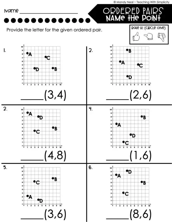 5th Grade Expressions and Patterns – Ordered Pairs - Name the Point Worksheet 1