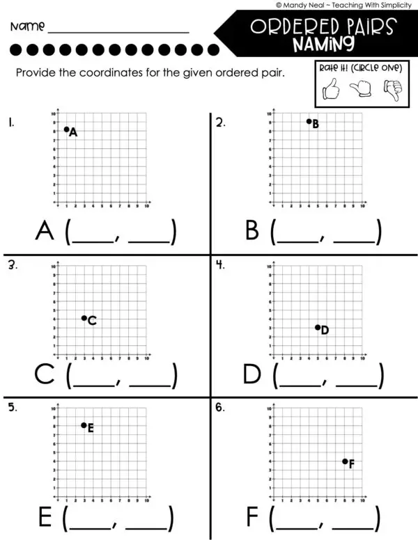 5th Grade Expressions and Patterns – Ordered Pairs - Naming Worksheet 2