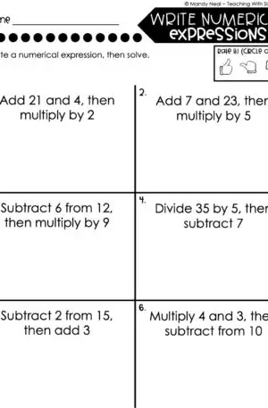 5th Grade Expressions and Patterns – Write Numerical Expressions Worksheet 1