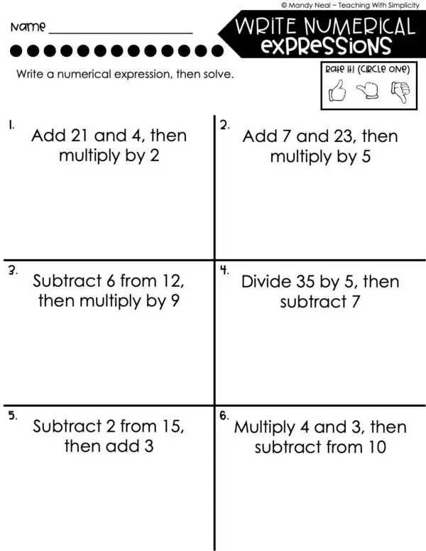 5th Grade Expressions and Patterns – Write Numerical Expressions Worksheet 1