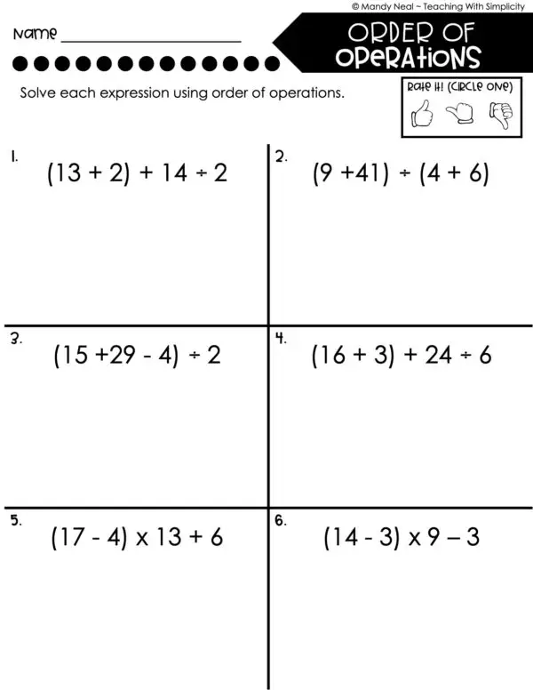 5th Grade Expressions and Patters – Order of Operations Worksheet 2