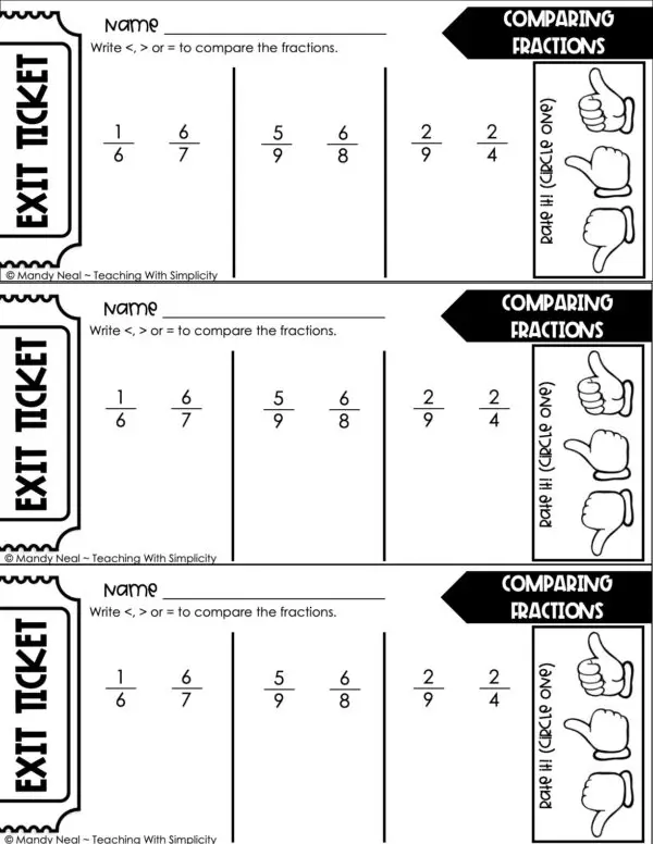 5th Grade Fractions - Comparing Fractions Exit Ticket 1