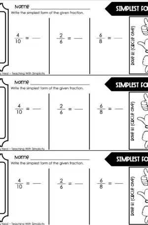 5th Grade Fractions - Simplest Form Exit Ticket 1