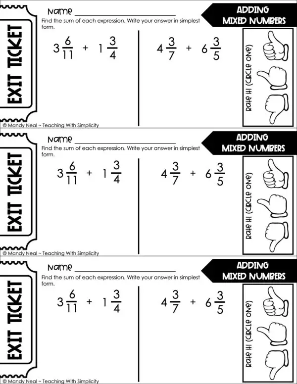 5th Grade Fractions – Adding Mixed Numbers Exit Ticket 1