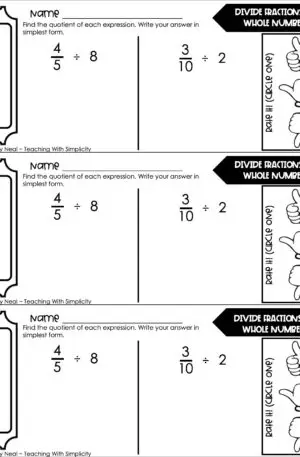 5th Grade Fractions – Divide Fractions by Whole Numbers Exit Ticket 1