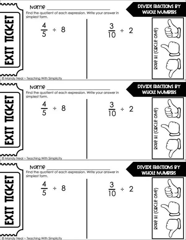 5th Grade Fractions – Divide Fractions by Whole Numbers Exit Ticket 1