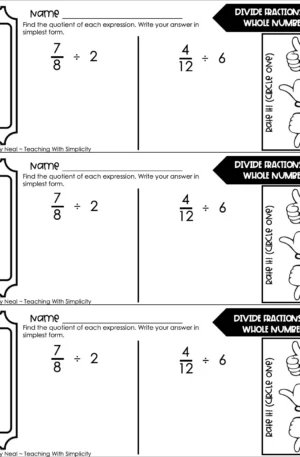 5th Grade Fractions – Divide Fractions by Whole Numbers Exit Ticket 2