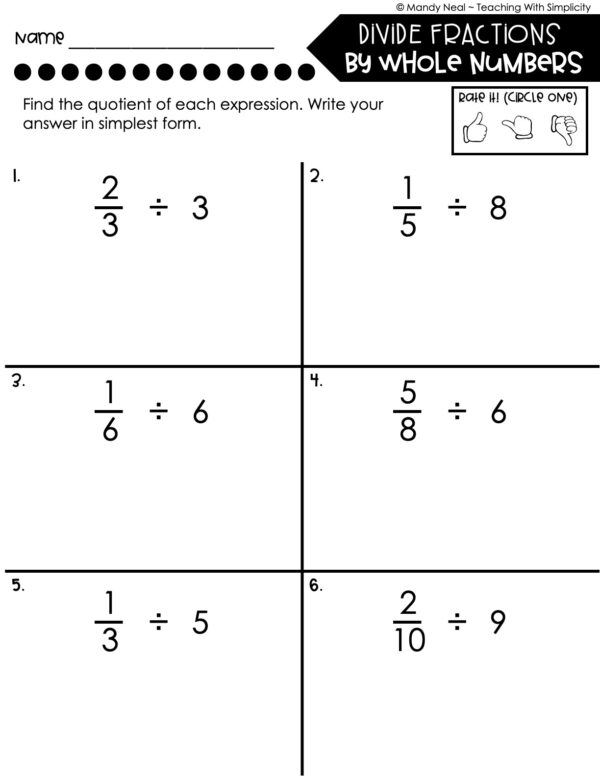 5th Grade Fractions – Divide Fractions by Whole Numbers Worksheet 1