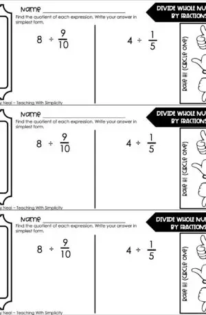 5th Grade Fractions – Divide Whole Numbers by Fractions Exit Ticket 1