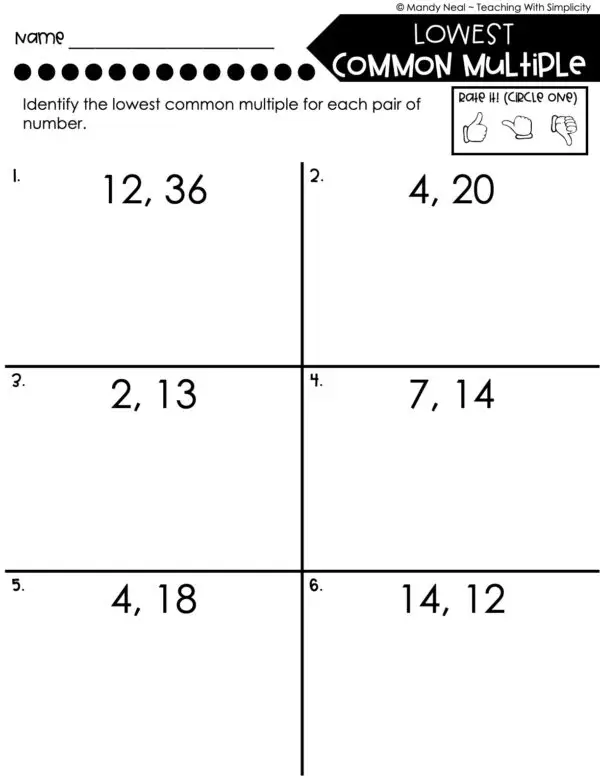 5th Grade Fractions – Lowest Common Multiple Worksheet 1