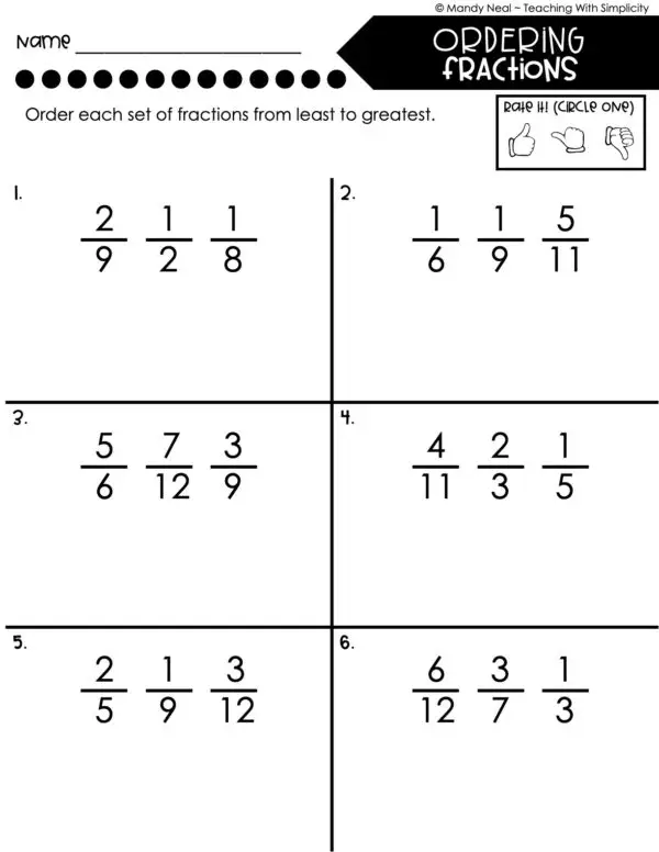 5th Grade Fractions – Ordering Fractions Worksheet 1