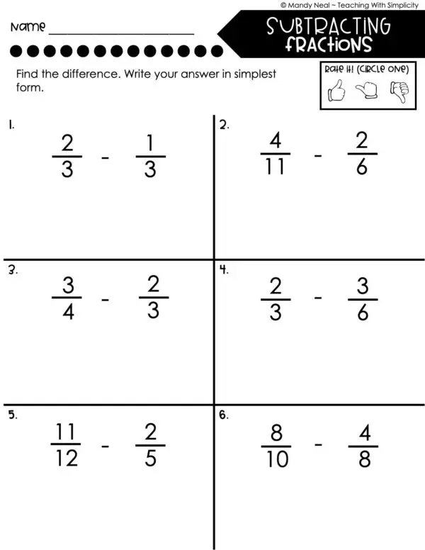 5th Grade Fractions – Subtracting Fractions Worksheet 1