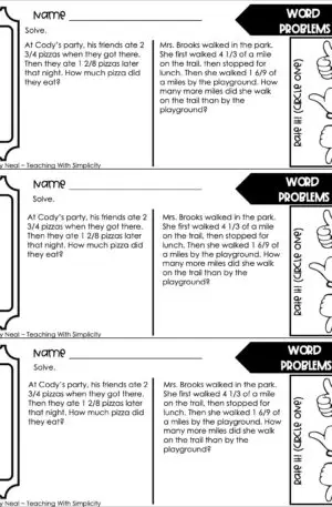 5th Grade Fractions – Word Problems Exit Ticket 1